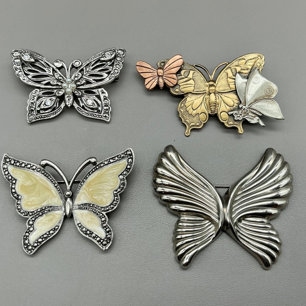 Butterfly Brooch Pin Set Women Multicolor Enamel Faux Pearl Rhinestone Lot 4 PC